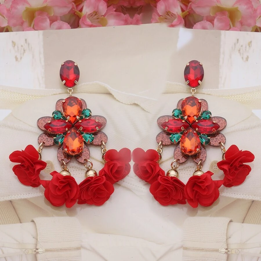1雙時尚玻璃花朵裝飾長款吊墜耳環適合女士