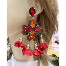 1雙時尚玻璃花朵裝飾長款吊墜耳環適合女士