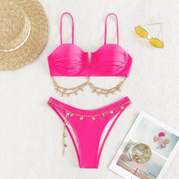 Beach Ruched Bustier Chain Detail Push Up TwoPiece Swimsuit 2023