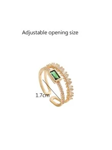 1pc Stylish & Versatile Double-Layered Forest Green Cubic Zirconia Ring With Unique Design - Yellow Gold - View 4