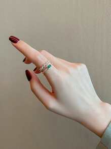 1pc Stylish & Versatile Double-Layered Forest Green Cubic Zirconia Ring With Unique Design - Yellow Gold - View 5