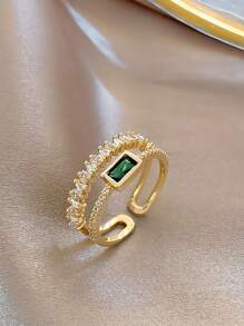 1pc Stylish & Versatile Double-Layered Forest Green Cubic Zirconia Ring With Unique Design - Yellow Gold - View 6