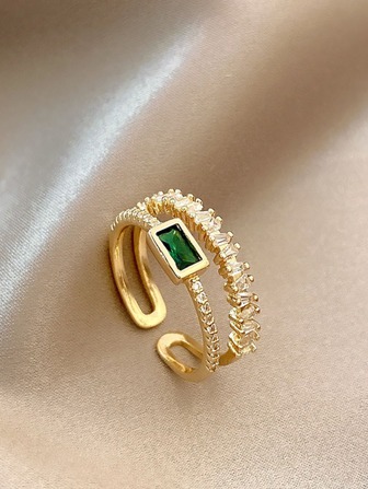 1pc Stylish & Versatile Double-Layered Forest Green Cubic Zirconia Ring With Unique Design