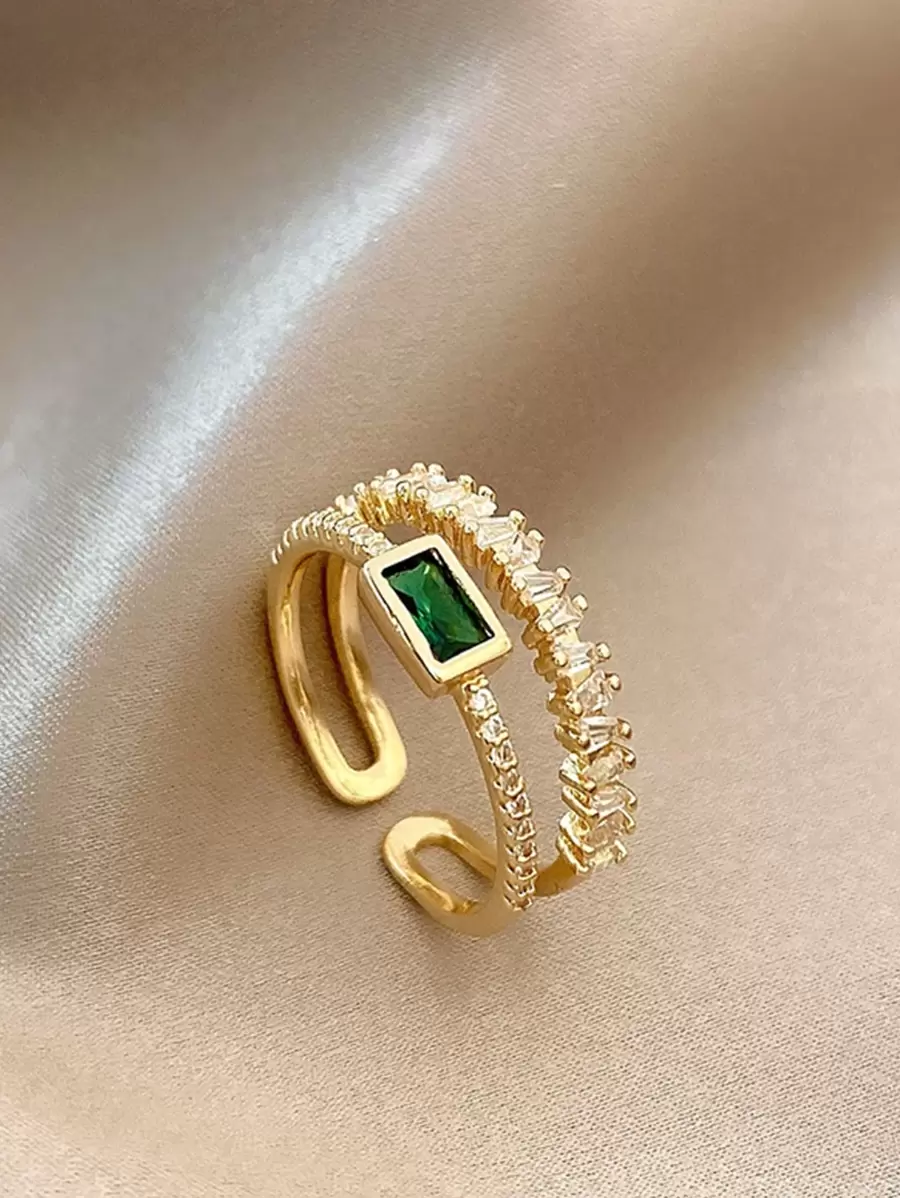1pc Stylish & Versatile Double-Layered Forest Green Cubic Zirconia Ring With Unique Design - Yellow Gold - View 1