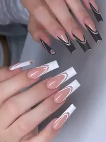 24 piezas de uñas postizas de acrílico de cobertura completa con puntas francesas en color nude, blanco y negro, de estilo simple y brillante, para mujeres y niñas - Multicolor - Ver 1