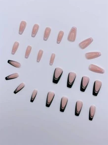 24 piezas de uñas postizas de acrílico de cobertura completa con puntas francesas en color nude, blanco y negro, de estilo simple y brillante, para mujeres y niñas - Multicolor - Ver 3