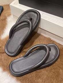 女款厚底沙灘拖鞋,時尚防滑 Eva 人字拖,附仿墊 - 黑色 - 查看 3