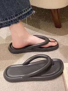 女款厚底沙灘拖鞋,時尚防滑 Eva 人字拖,附仿墊 - 黑色 - 查看 2