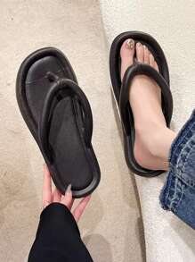 女款厚底沙灘拖鞋,時尚防滑 Eva 人字拖,附仿墊 - 黑色 - 查看 1