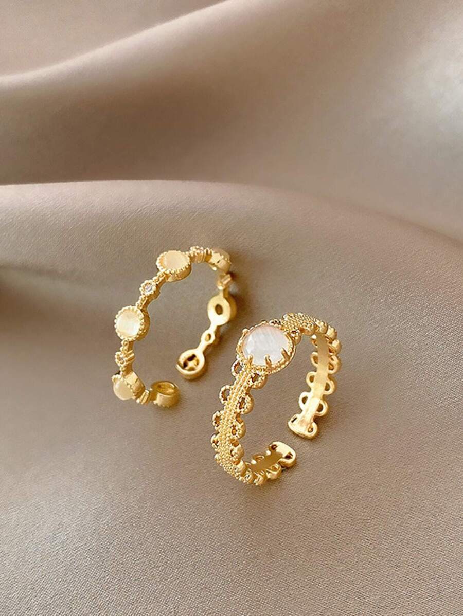 2 piezas Conjunto de anillos midi de alta gama con piedras de ojo de gato - Amarillo Oro - Ver 1