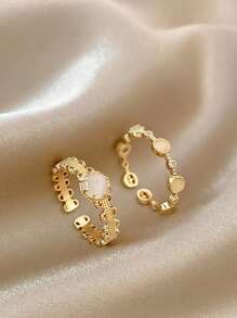 2 piezas Conjunto de anillos midi de alta gama con piedras de ojo de gato - Amarillo Oro - Ver 3