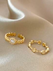 2 piezas Conjunto de anillos midi de alta gama con piedras de ojo de gato - Amarillo Oro - Ver 2