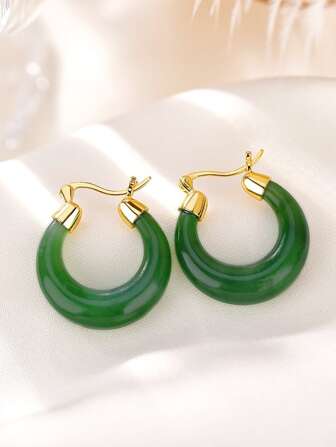 1pair Vintage Green Jade Small Circle Design Chic & Elegant Earrings For Women's Daily Wear