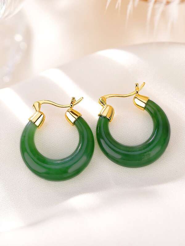 1pair Vintage Green Jade Small Circle Design Chic & Elegant Earrings For Women's Daily Wear