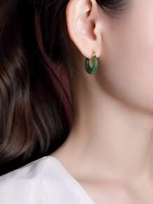 1對復古綠玉小圓環設計時尚優雅的女士日常佩戴耳環 - 綠色 - 查看 4