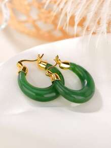 1對復古綠玉小圓環設計時尚優雅的女士日常佩戴耳環 - 綠色 - 查看 2