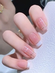 Gentle French Square Fake Nails Light Pink Line Well Pattern Glue On Full Coverage Nail Decor Women Girl 24Pcs Press On Nails Nail Supplies - Multicolor - View 1