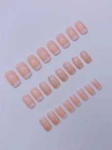 Gentle French Square Fake Nails Light Pink Line Well Pattern Glue On Full Coverage Nail Decor Women Girl 24Pcs Press On Nails Nail Supplies - Multicolor - View 2