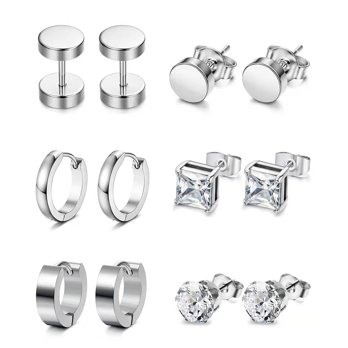 6 pairs of steel colored men's earrings, stainless steel black earring