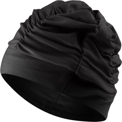 Fabric Swim Caps For Women Swimming For Long Hair Nylon Cloth Swim Cap Pleated Elastic Comfort Bathing Cap Swim Hats Keep Hairstyle Unchanged-Black, Beach Essentials, Beach Accessories, Pool Float