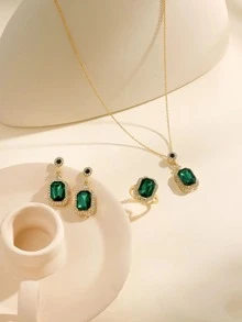1 bộ Phong cách Vintage Ngọc lục bảo & Micro-Inlay Zirconia Bộ trang sức Bao gồm Dây chuyền , Hoa tai Và Nhẫn - Màu xanh lá cây đậm - Xem 2