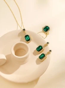 1 bộ Phong cách Vintage Ngọc lục bảo & Micro-Inlay Zirconia Bộ trang sức Bao gồm Dây chuyền , Hoa tai Và Nhẫn - Màu xanh lá cây đậm - Xem 1