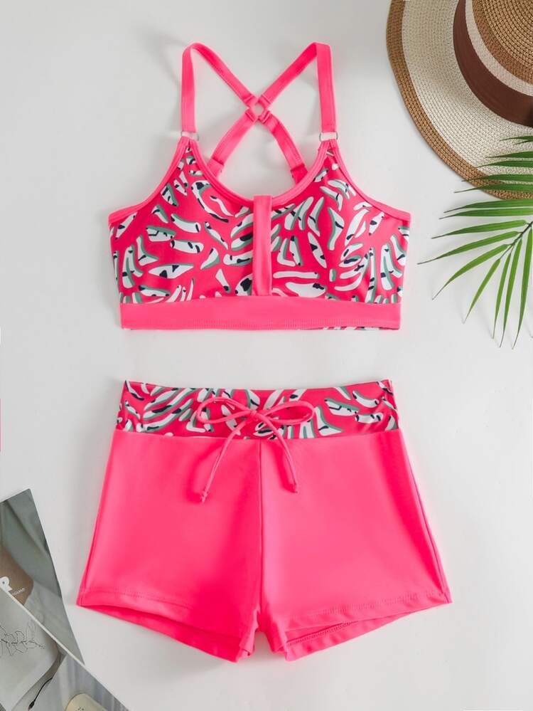 Fashion Fresh And Simple Ladies Graphic Print Criss Cross Back Knot Front Two-Piece Bikini Set