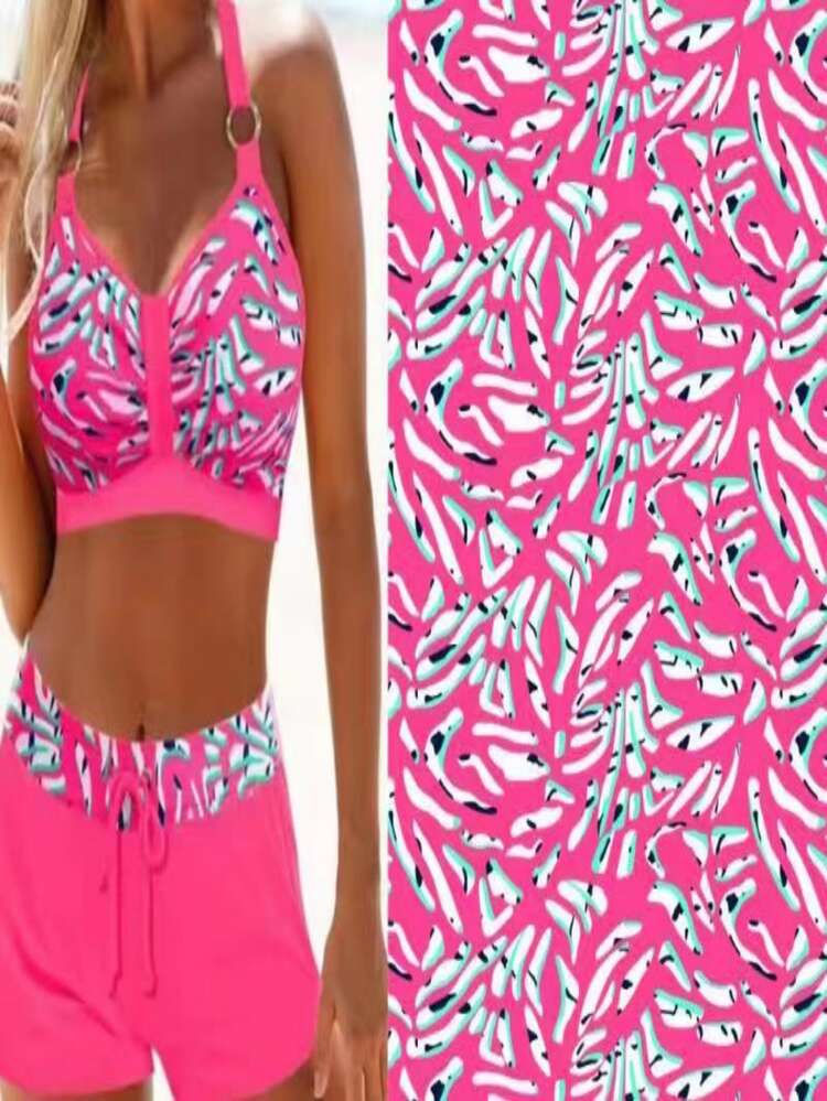 Fashion Fresh And Simple Ladies Graphic Print Criss Cross Back Knot Front Two-Piece Bikini Set