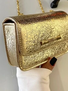 bolsa quadrada pequena de festa metalizada brilhante transversal lançamento alça corrente - Dourado - Visão 3