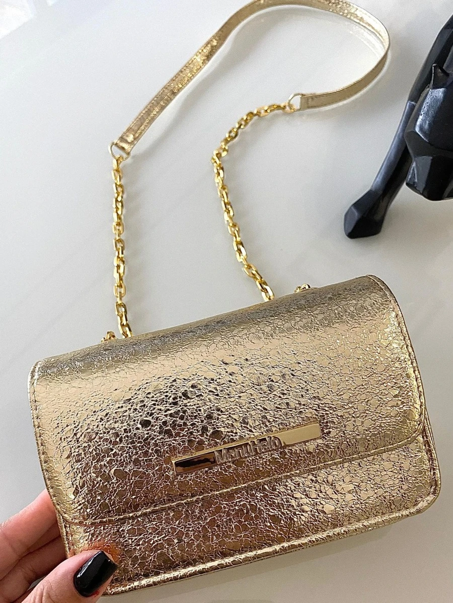 bolsa quadrada pequena de festa metalizada brilhante transversal lançamento alça corrente - Dourado - Visão 1