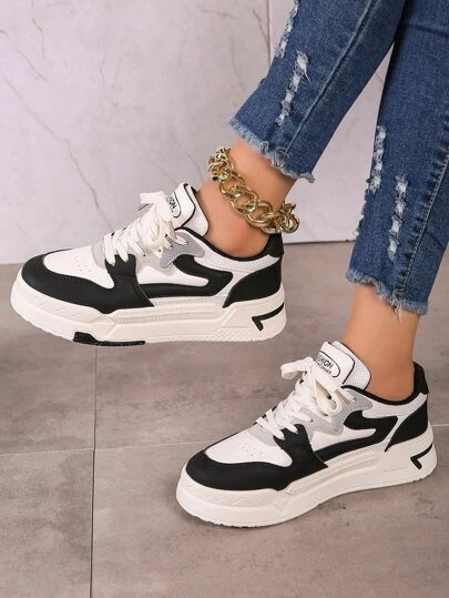 女士兩色鞋帶運動平底休閒鞋滑板