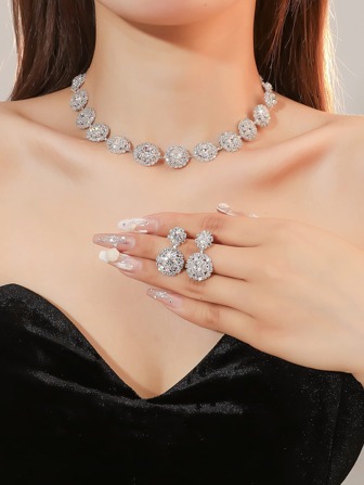 3pcs Luxury Wedding Party Women Dresses Rhinestone Rhinestone Decor Jewelry Fashion Sparkly Choker Necklace & Earrings Set Prom Costume Jewelry Set Accessories (2 Earrings And 1 Necklace)