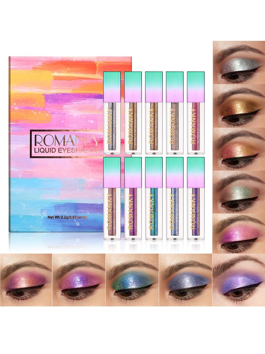brillante Sombras de ojos líquida Set 10 colores dorado Sombra de ojo marrón brillante Sombra de ojo - Set de sombras de ojos líquidas 10 colores - Ver 1