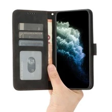 商务翻盖皮带扣真皮手机壳，亲肤材质，兼容三星、苹果、小米、红米、一加、摩拉等多种机型，国际版，非国内版 - 黑色 - 查看 5