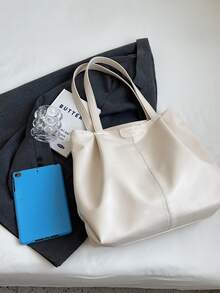 大容量時尚托特包帶字母拼貼裝飾用品 - 白色 - 查看 6