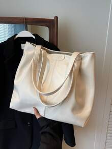 大容量時尚托特包帶字母拼貼裝飾用品 - 白色 - 查看 3