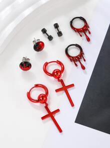 4 Đỏ  Trang trí chéo Thả hoa tai Kim loại Hoa tai hình tròn Punk Tròn Bông tai stud Đối với phụ nữ Nam - Đỏ - Xem 3