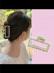 1 件单层珍珠方形发夹优雅头饰 - 白色 - 查看 4