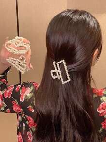 1 件单层珍珠方形发夹优雅头饰 - 白色 - 查看 3