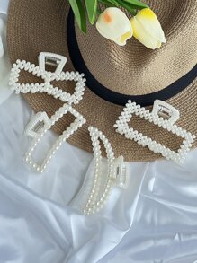 1入組珍珠裝飾單層半圓形髮夾，典雅時尚 - 白色 - 查看 1