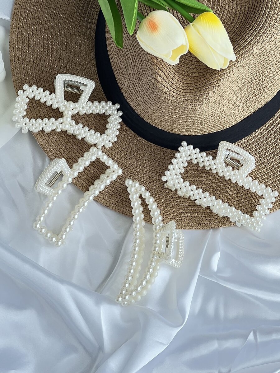 1入組珍珠裝飾單層半圓形髮夾，典雅時尚 - 白色 - 查看 1