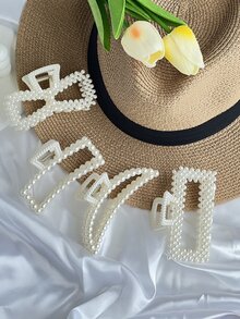 1入組珍珠裝飾單層半圓形髮夾，典雅時尚 - 白色 - 查看 2