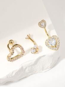 3pcs Set Fashionable Sparkling Rhinestone Heart Navel Rings, Suitable For Women's Daily Wear - Yellow Gold - View 1