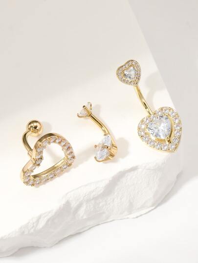 3pcs Set Fashionable Sparkling Rhinestone Heart Navel Rings, Suitable For Women's Daily Wear