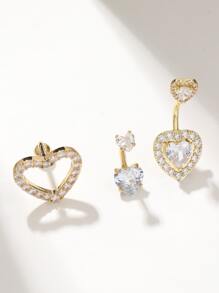 3pcs Set Fashionable Sparkling Rhinestone Heart Navel Rings, Suitable For Women's Daily Wear - Yellow Gold - View 3