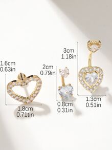 3pcs Set Fashionable Sparkling Rhinestone Heart Navel Rings, Suitable For Women's Daily Wear - Yellow Gold - View 4