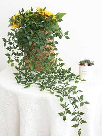 1入組人造懸掛植物假懸掛盆栽曼陀羅,桉樹藤,細繩珍珠,豌豆莢樹葉適用於家庭房間牆架子露台花園戶外室內塑膠綠色裝飾帶鍋