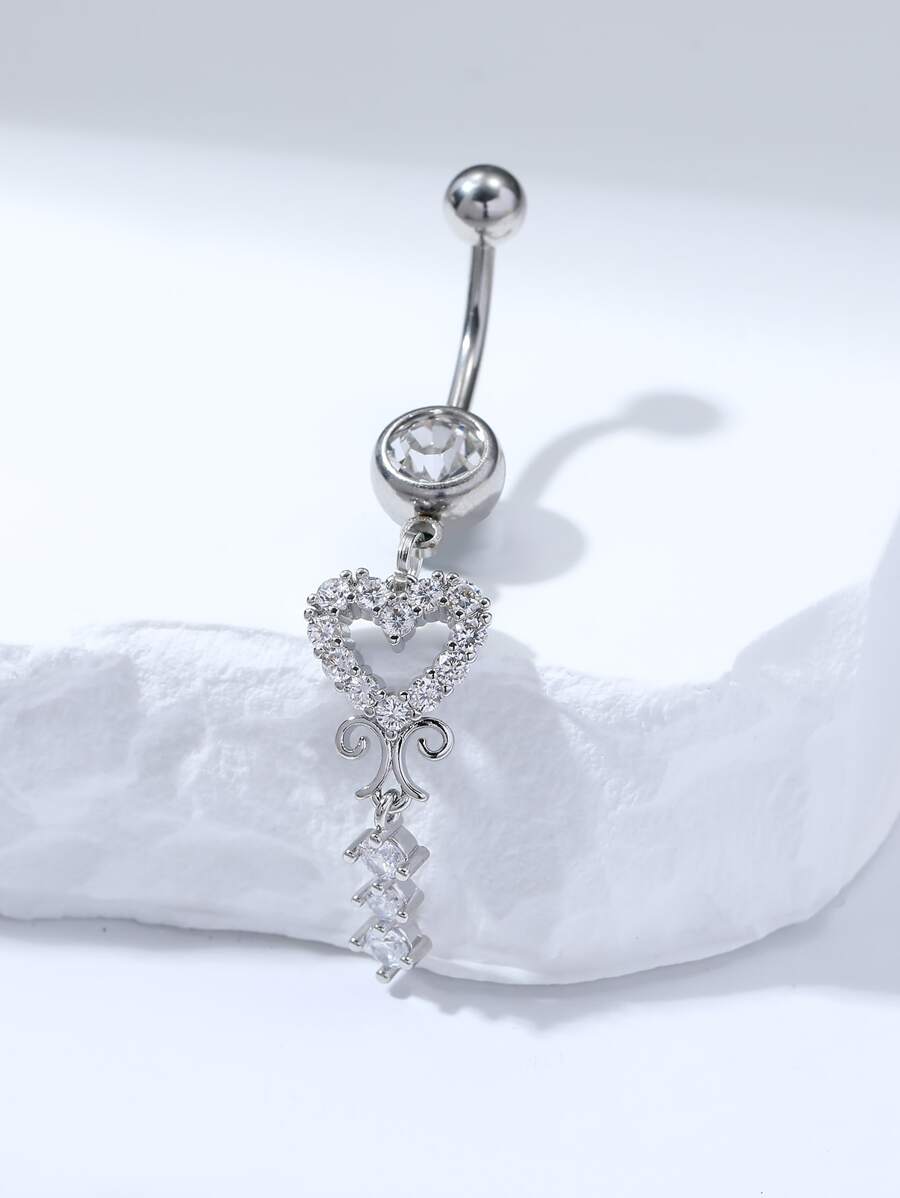 1pc Fashionable Silver-Copper Plated Cubic Zirconia Heart Belly Button Ring, Perfect For Women's Valentine's Day Party Valentines,Mom,Mother,Mother's Day,Gift - Silver - View 1