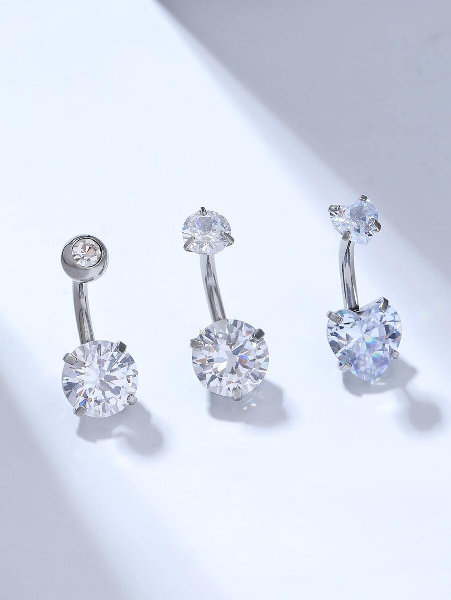 3 件时尚简约圆形和心形不锈钢和锆石肚脐环套装适用于女士户外游泳配件情人节、妈妈、母亲、母亲节、礼物