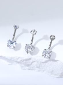 3 件时尚简约圆形和心形不锈钢和锆石肚脐环套装适用于女士户外游泳配件情人节、妈妈、母亲、母亲节、礼物